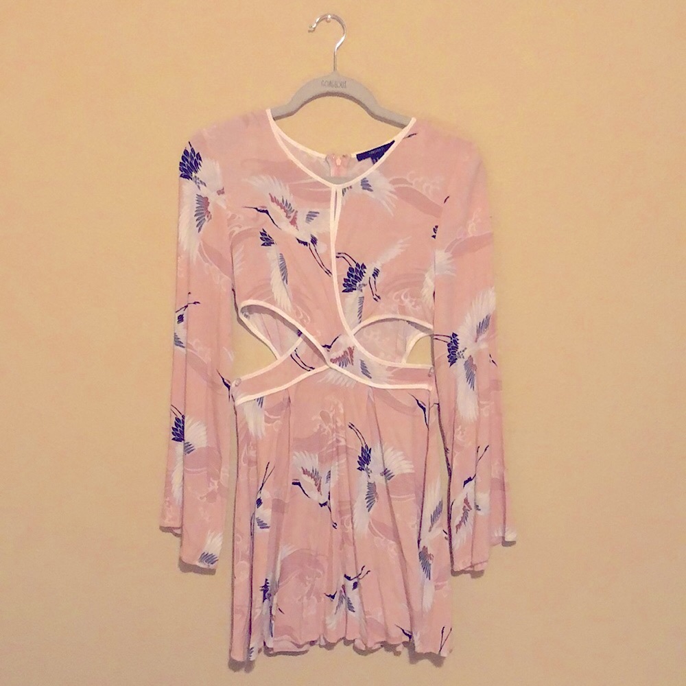 Cutout Crane Print Mini Dress with Keyhole detail and Bell Sleeves